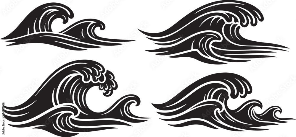 Fototapeta premium Black and white ocean wave illustrations in various styles