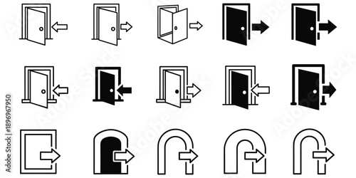 Collection of door and entrance icons with arrows on white background exit open