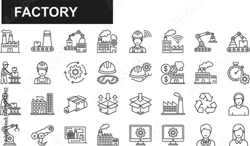 Collection of factory and industrial process icons with robots and workers Keywords: factory, industry, manufacturing
