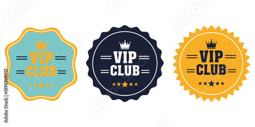 Three VIP Club Badges with Crowns and Stars in Teal Navy and Yellow Colors Keywords: vip, club, badge, emblem, seal, label