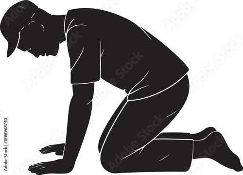 Islamic prayer silhouette, kneeling worship vector, spiritual devotion clipart,