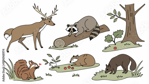 Charming Woodland Wildlife Illustration Deer Raccoon Squirrel Eating Berries for Nature Education and Children's Book Design