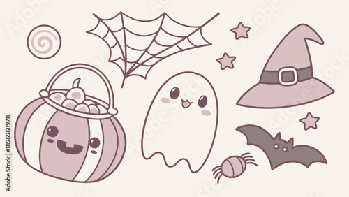 Cute Kawaii Halloween Icons Set for Holiday Party Invitations Spooky Season Web Design Crafts