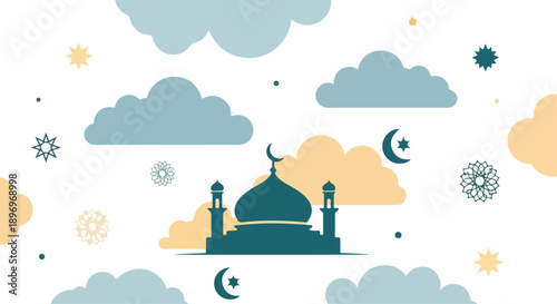 Flat design illustration of a mosque under a stylized night sky with clouds and celestial elements in blue and yellow hues.