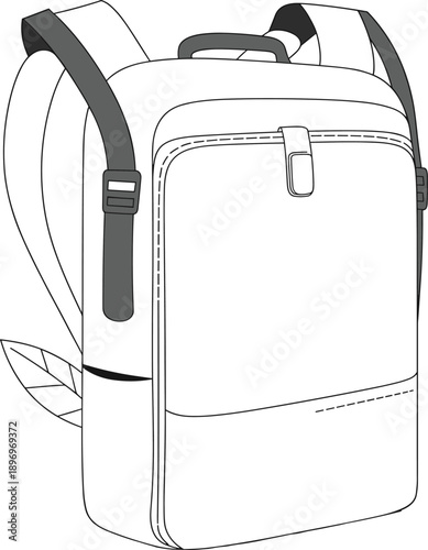 Black and white backpack illustration, modern school bag vector, travel backpack line art, stylish casual rucksack drawing, simple design