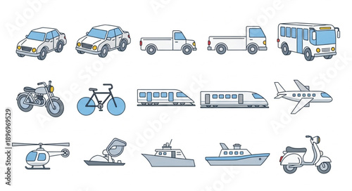 Collection of various transportation vehicles and modes of transport.