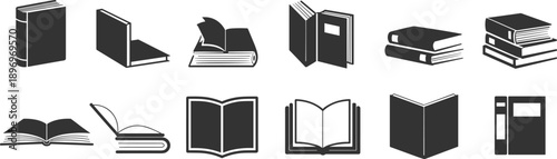 Black and white book icons set – open and closed books, stacked volumes, and reading symbols vector illustration