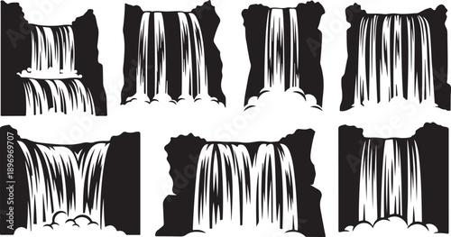 Collection of black and white waterfall illustrations in various styles