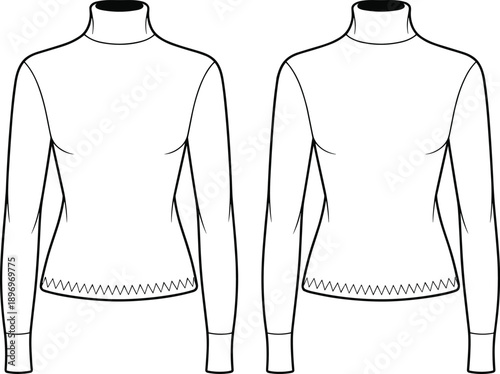 Black and white CAD flat vector illustration women’s fitted turtleneck top with long sleeves and zigzag hem detail, front and back view fashion technical sketch