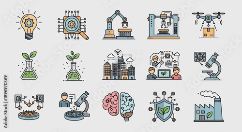 Diverse Technology Science and Industry Icons Collection with AI Biotech Robotics and Smart City Concepts.