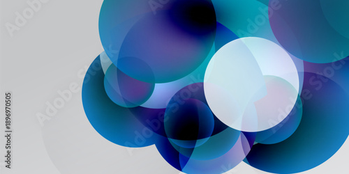 Abstract circles overlap, creating soft gradients. Blues, purples dominate dark background. Minimalist design evokes fluidity, depth.