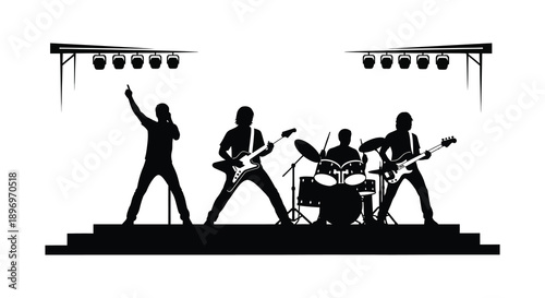 A black silhouette depicts a band performing on a stage with bright spotlights shining above silhouette high quality