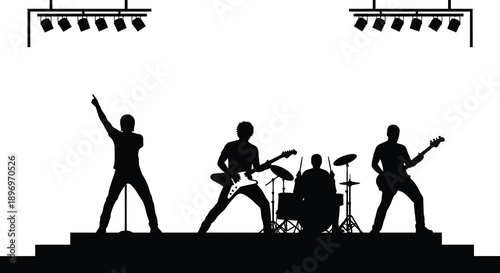 A black silhouette of a rock band performing on stage with overhead lighting capturing a dynamic concert moment silhouette