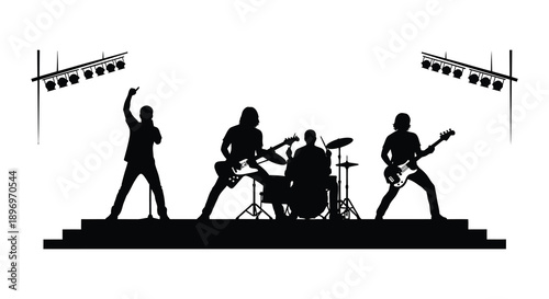 A dynamic band performs energetically on a stage bathed in bright spotlights captured as a striking silhouette