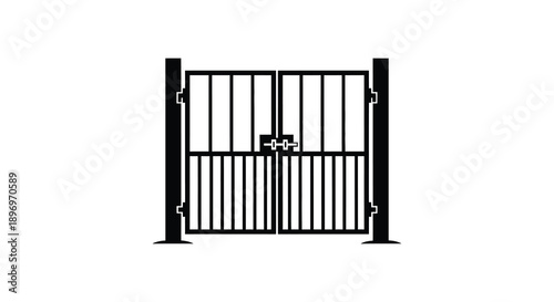 A stark black and white illustration depicts a closed metal gate with vertical bars a latch and posts silhouette
