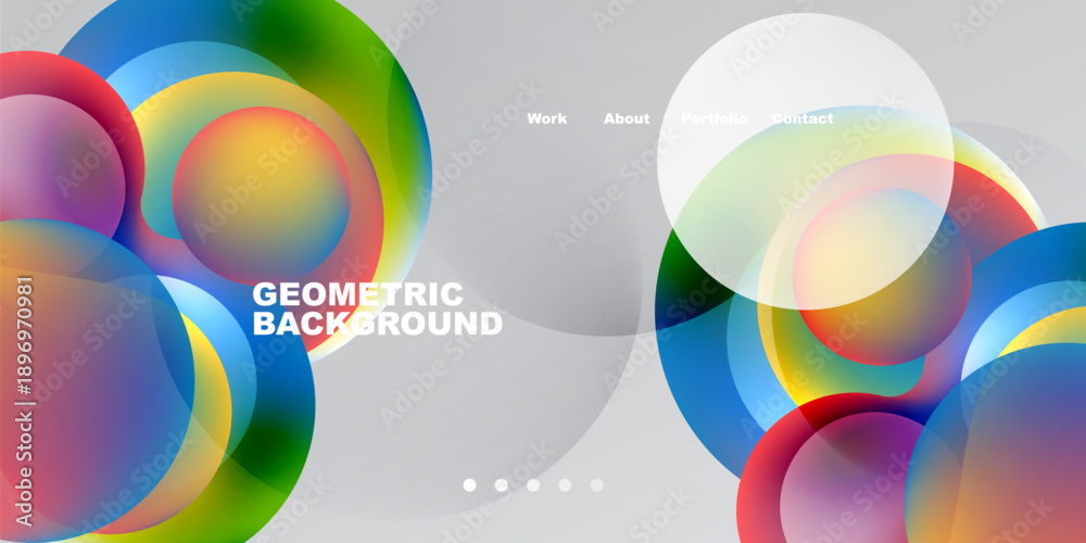 Fototapeta premium Abstract colorful circles overlap, creating dynamic visual effect. Text mentions geometric background, navigation options present.
