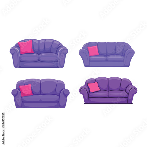 Cute Purple Couch Vector Illustration Modern Furniture Cartoon Style