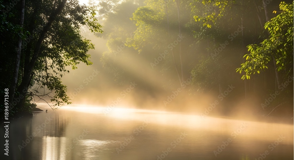 Fototapeta premium Beautiful misty forest river with golden sun beams shining through green trees. Morning nature landscape background with fog at sunrise.