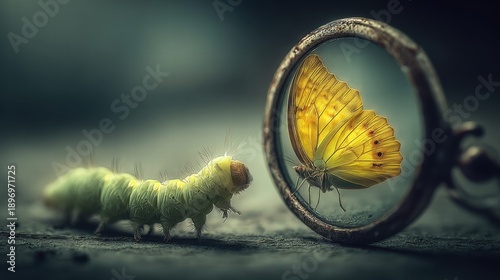 A caterpillar gazes at its butterfly reflection, exploring transformation and self-perception.