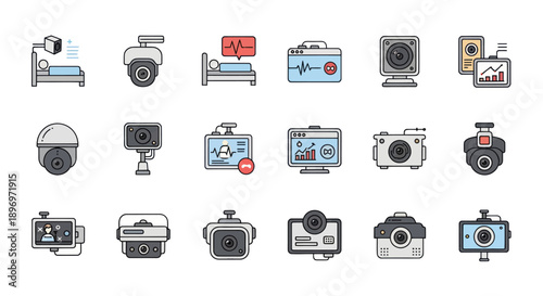 Diverse Camera Icons Collection: Security Action Dash Cams and Monitoring Devices.
