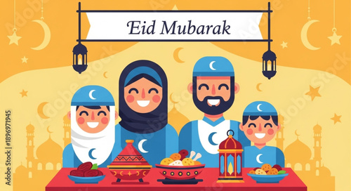 Happy Muslim Family Celebrating Eid Mubarak Together.