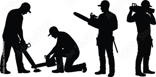 Silhouette of workers using chainsaw, lumberjacks cutting wood, construction labor with power tools, industrial job, woodworking, safety gear, isolated vector illustration