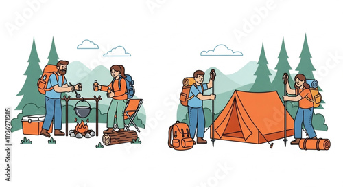 Hikers Setting Up Camp in the Wilderness.