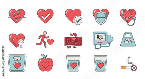 Collection of Health and Wellness Icons Representing Heart Care and Healthy Lifestyle.