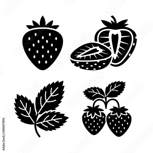 Flat black strawberry icon vector set with whole, sliced, and cluster berries on white background