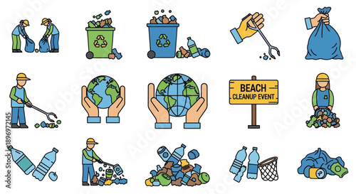 Vector Illustrations of People Cleaning Up Litter and Recycling.