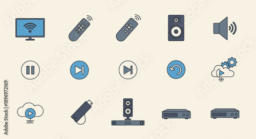 Collection of modern electronic device icons for media and technology.