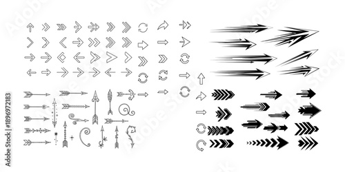 Collection of hand drawn black and white arrow and pointer shapes for design elements and graphic resources