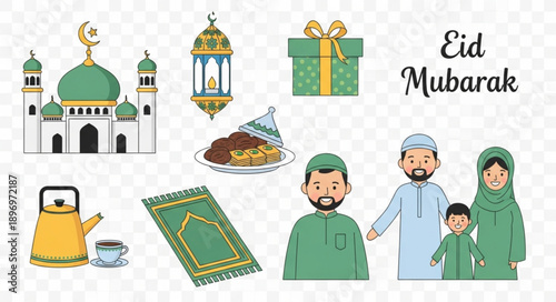 Eid Mubarak celebration elements with mosque and family.