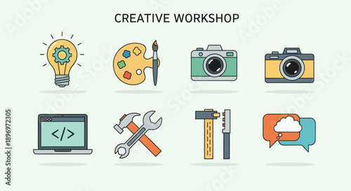 Creative Workshop Icons: Lightbulb Palette Cameras Laptop Tools and Speech Bubbles.