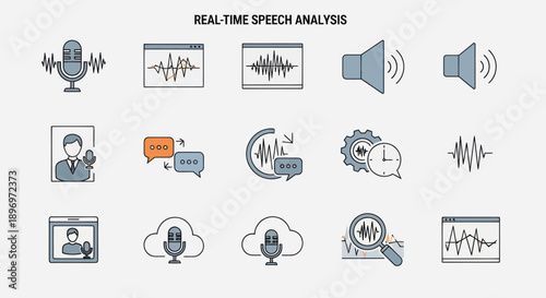 Hand-drawn Real-Time Speech Analysis and Audio Technology Doodle Icons Collection.