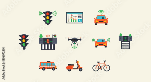 Collection of Smart City Transportation and Technology Icons.