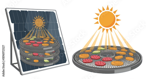 Solar Powered Food Dehydrator with Sliced Fruits and Vegetables.
