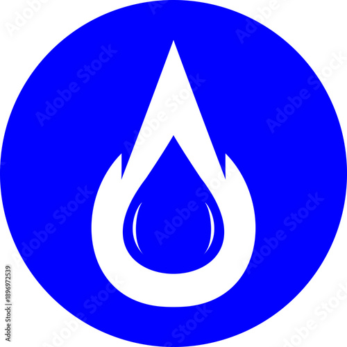 Blue Water Drop Icon Featuring a Teardrop Shape Enclosed Within a Stylized Circular Flame for Gas and Water Utility Services or Energy Resource Concepts