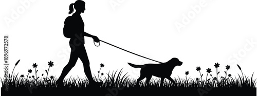 Silhouette of woman walking dog on leash through grassy meadow with flowers, outdoor pet care, nature stroll, canine companionship, peaceful scene
