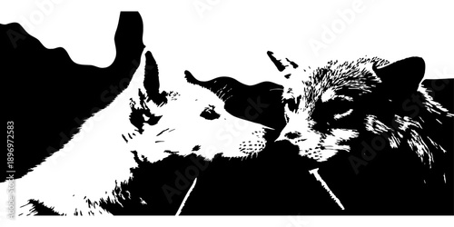 Dramatic black and white portrait of a dog with a textured silhouette effect against a stark white background silhouette