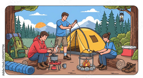 Family setting up a tent during a camping trip in the forest.