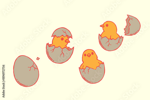 Chicken hatching cartoon doodle style. Easter cute chick hatched, cracked shell egg. Newborn bird from egg step-by-step process. Vector hand drawn domestic hens baby in nest