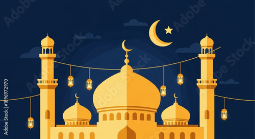 Golden Mosque with Crescent Moon and Lanterns Illustration.