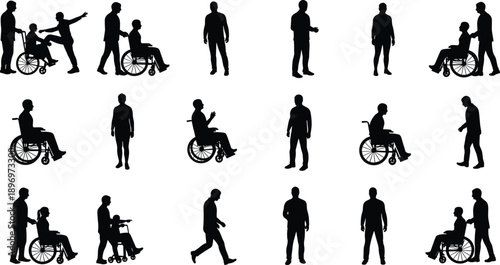 Silhouette of people with disabilities and caregivers, wheelchair users, standing and walking figures, medical assistance concept, black vector illustration