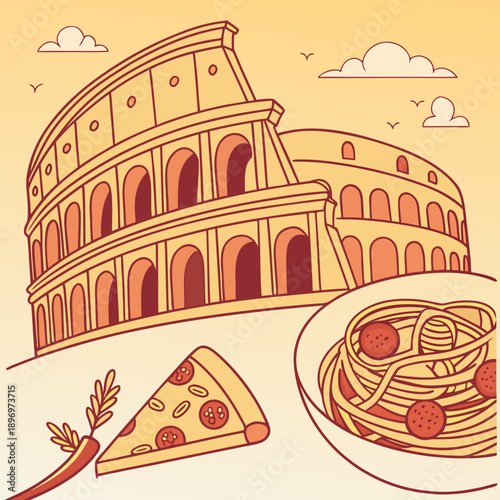 Colosseum Rome Italy Landmark with Pizza and Spaghetti Illustration Flat Design