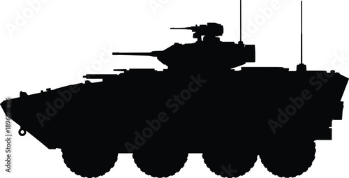 Silhouette of modern armored military vehicle with turret and antennas, side view illustration of combat transport tank on white background