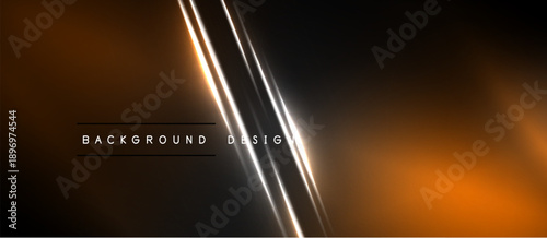 Abstract background features diagonal lines, warm colors, gradients. Modern design with text elements, dark shades dominate.