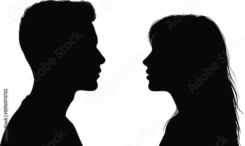 Silhouette of man and woman facing each other, romantic couple profile vector, love relationship illustration, black and white minimal art