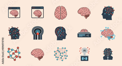 A collection of flat design icons representing the human brain artificial intelligence and neuroscience concepts.