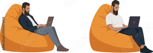 Modern freelancer man working on laptop sitting in bean bag chair, remote work home office concept